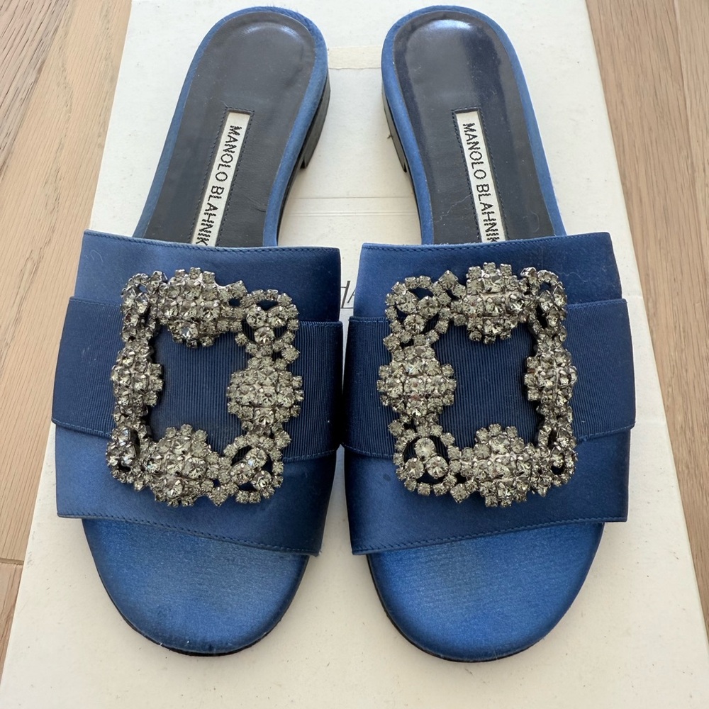 Manolo Blahnik Hangisi Royal Blue Satin Sandal with Embellished Buckle Size 7.5